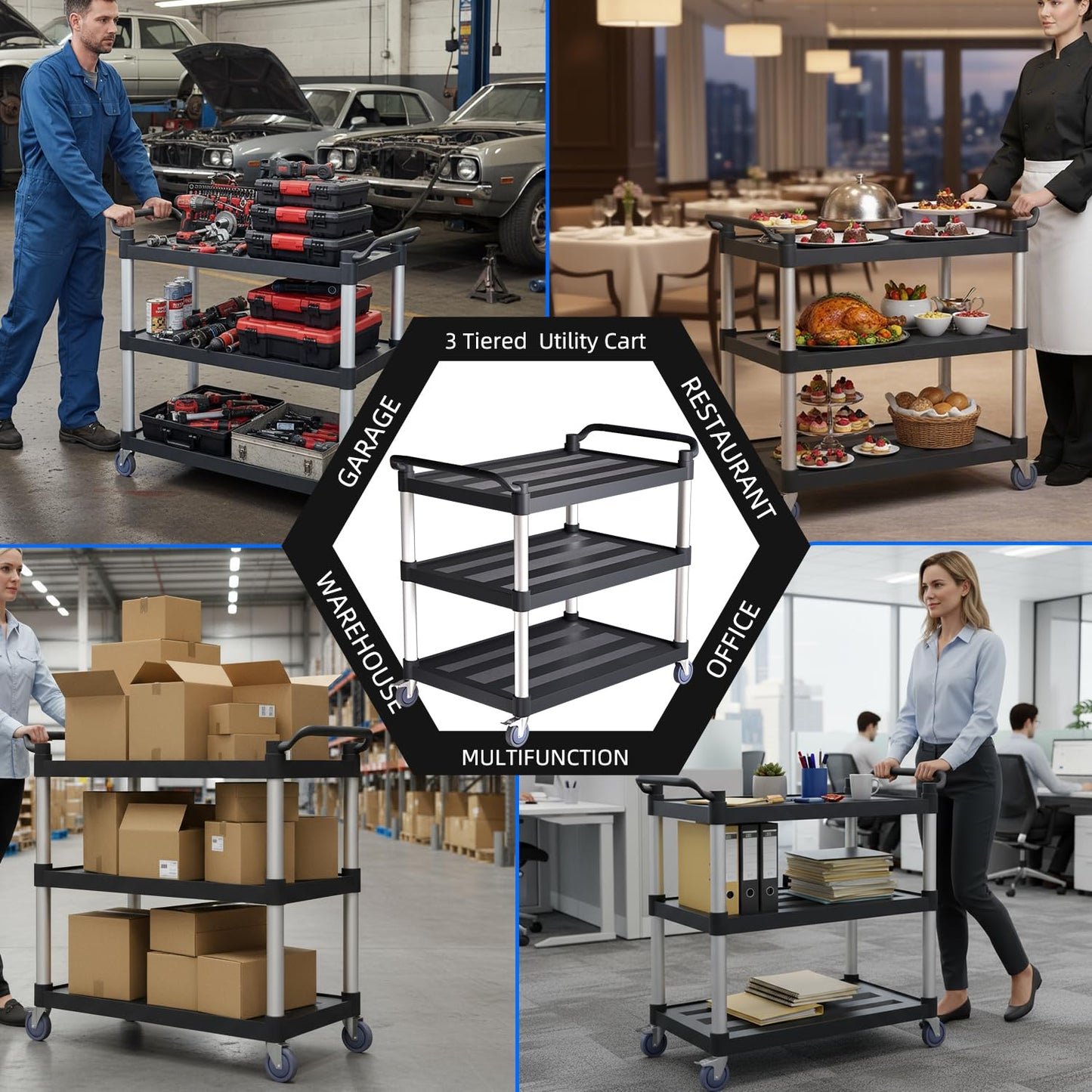 Utility Cart with Tangle-Free Wheels, Large Size 3 Tier Rolling Service Cart with Wheels(2 with Brakes), Heavy Duty 450 Lbs Capacity,Commercial Serving Cart for Home, Office, Restaurant, Warehouse.