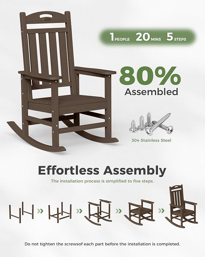 Oversized Outdoor Rocking Chair, HDPE All Weather Resistant Rocking Chairs for Patio, High Back Porch Rocker Chair, 380lbs Weight Capacity, Brown