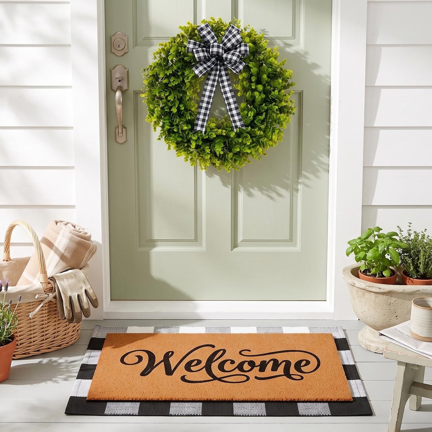 Britimes 3 Pcs Farmhouse Welcome Front Door Mat and Wreath Set Faux Coir Doormat Buffalo Plaid Layering Rug and 19" Greenery Wreath with Bow Outside Decor for Porch