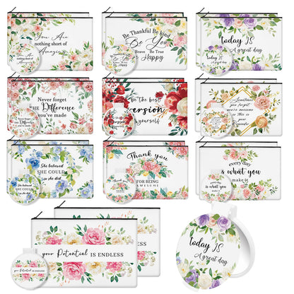 KOPOOEOE 40 Pcs Floral Inspirational Gifts Canvas Makeup Bags with Compact Mirrors Cosmetic Bags Thank You Pouch Bulk for Mothers Day Church Women Teacher Coworker Employee Gifts
