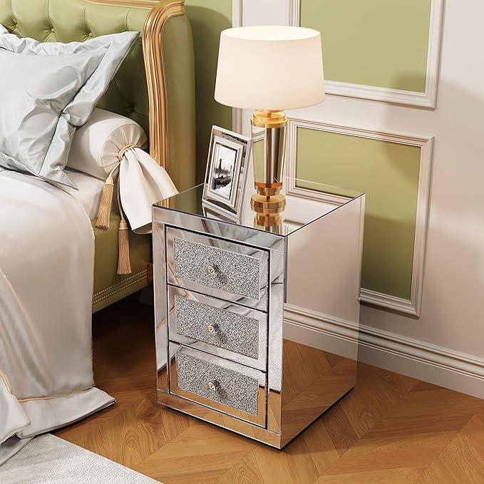 3-Drawer Mirrored Nightstand Bedside Table, Modern Mirrored End Side Table