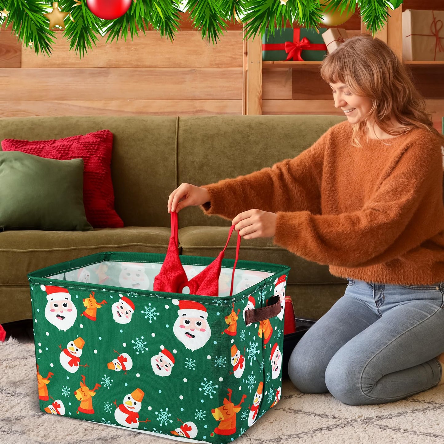 Geelin 3 Pcs Large Christmas Baskets 15 x 11 x 9.5 Inch Empty Xmas Storage Bin with Handles Collapsible Waterproof Extra Big Foldable Gift Basket for Office Home Bedroom Cloth Toy Gift(Vintage)