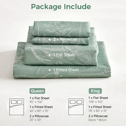 Tokokimo Floral Sheets Set King Size, 16 inches Deep Pocket Fitted Sheet, Flat Sheet & Envelope Closure Pillowcases, Soft Breathable Microfiber Sheet Set 4-Piece, Green and White Leaf Floral