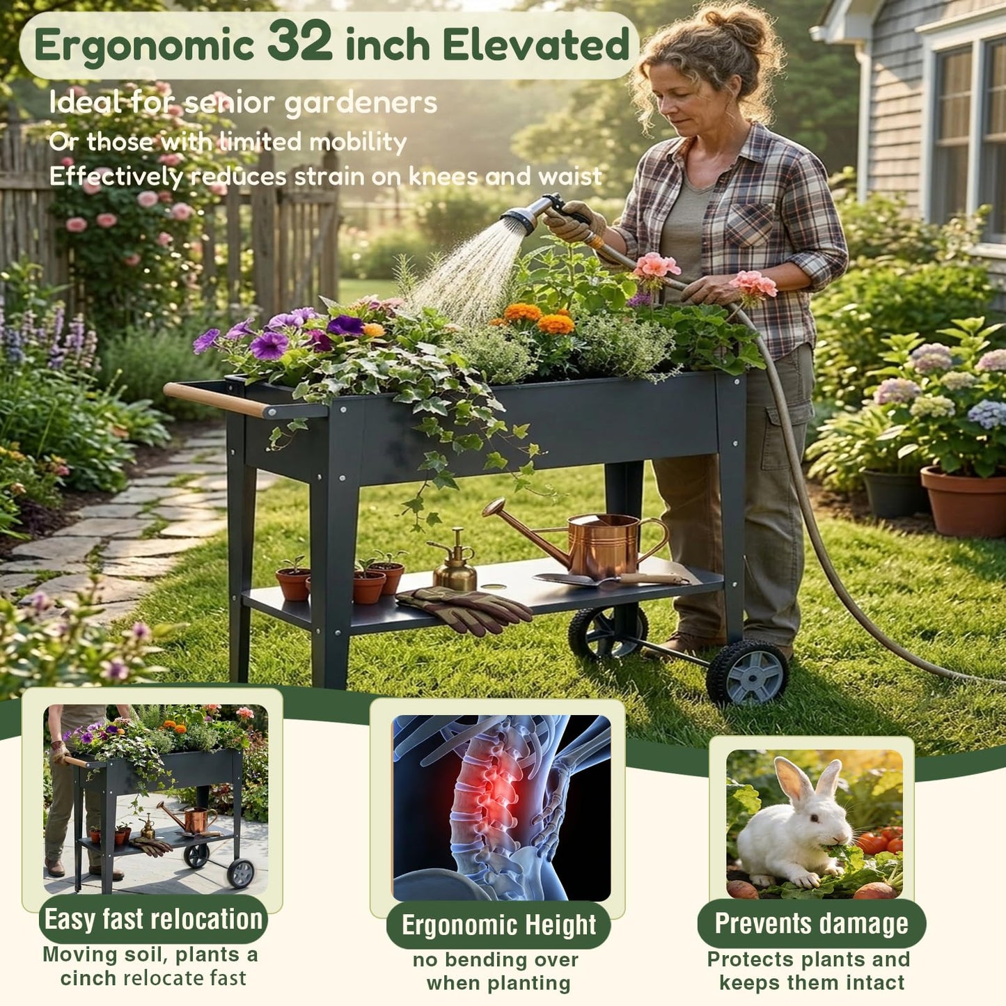 Growvy Raised Garden Bed Outdoor with Wheels, Leg and Wooden Handle, 29.5x13.4x32.3in, 350lb Cap, Metal Elevated Raised Planter Box for Herb, Vegetable, Perfect for Backyard, Balcony, Light Black