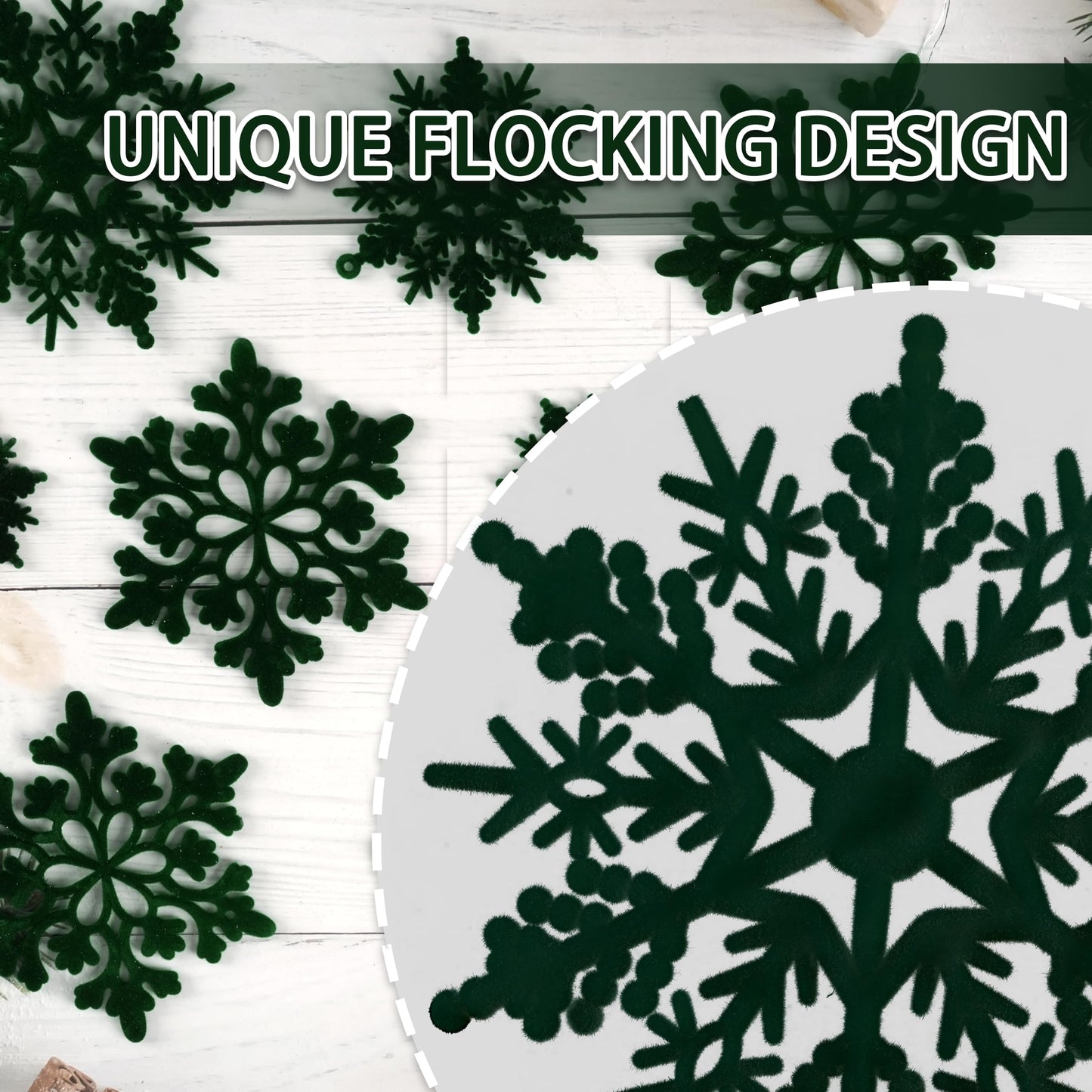 36pcs Dark Green Flocked Christmas Snowflake Ornaments, Hanging Velvet Snow Flakes for Christmas Tree Decorations Winter Wonderland Frozen Birthday Party Holiday Home Decor Craft Snowflakes