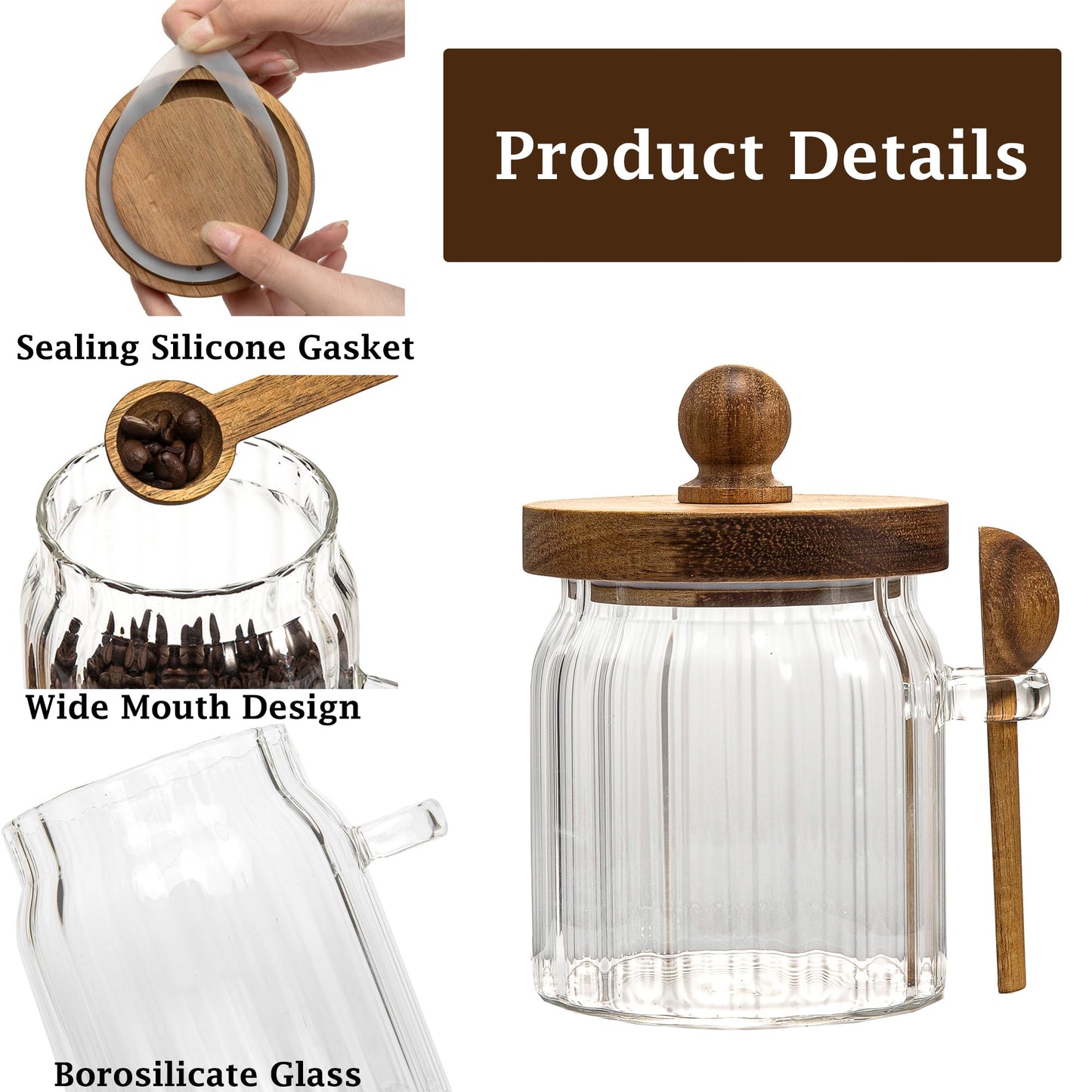 Steviieden Vintage Glass Jar Sugar Container with Wooden Spoon Lid, 14 FL OZ Airtight Glass Jar for Coffee Cereal Candy Nuts Salts Coffee Tea Spice