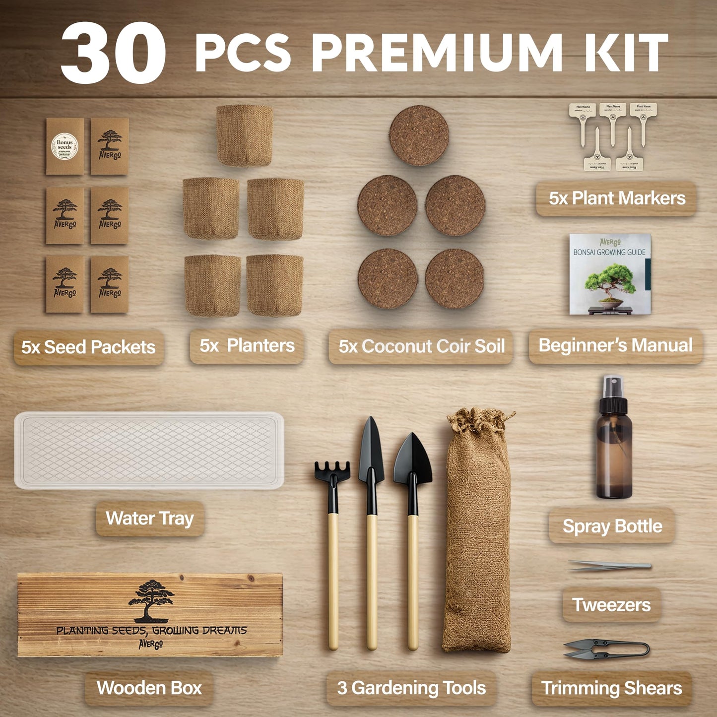 AVERGO Bonsai Tree Kit Classic - 5X Unique Japanese Bonzai Trees | Complete Indoor Bonsai Starter Kits for Growing Trees – DIY Gardening Gifts for Mother's Day, Women & Men