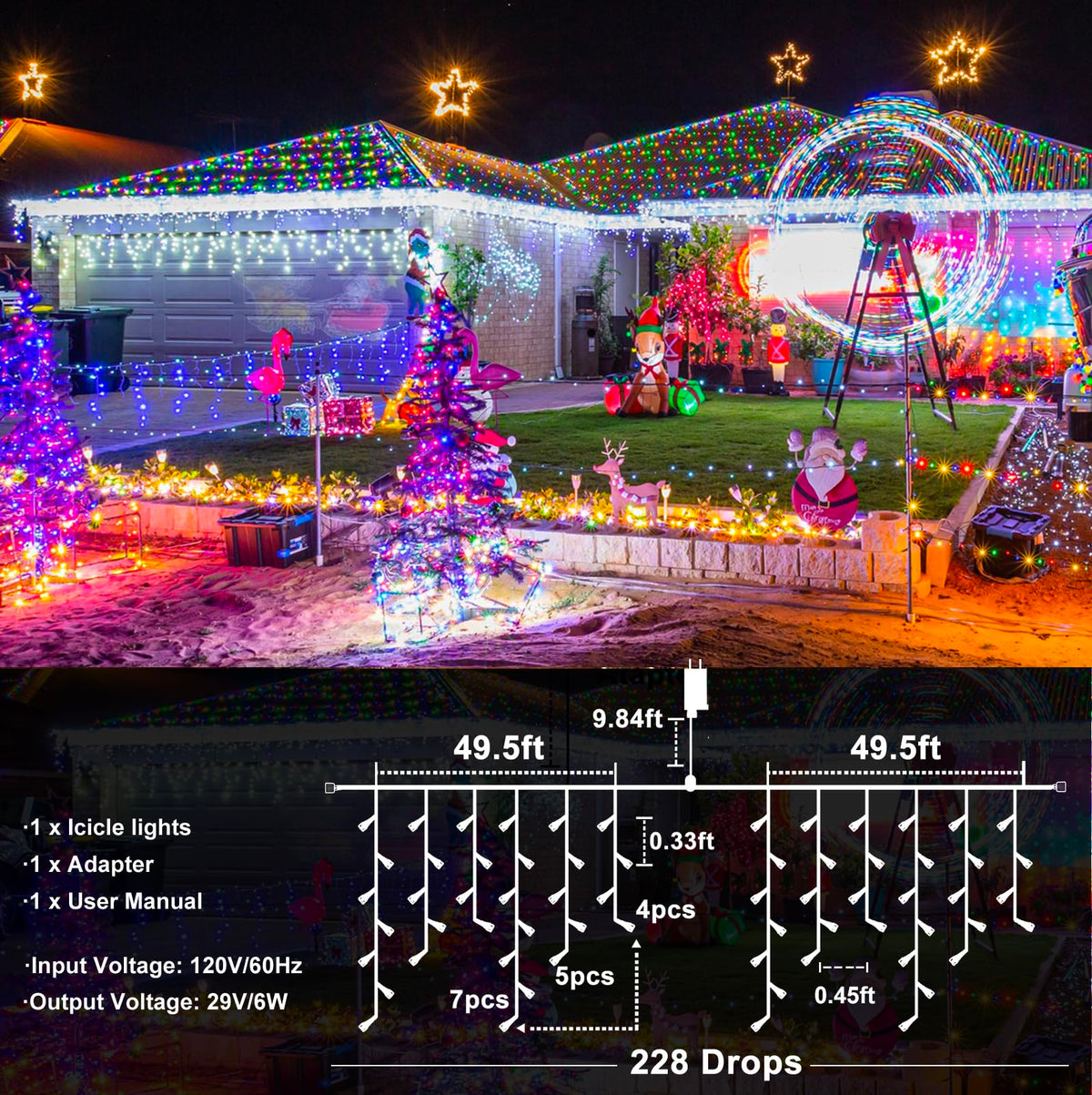 Christmas Lights Outdoor - 99 ft 1216 LED Icicle Lights for Outside - Plug in 8 Modes Twinkle Lights for Christmas Decorations Outdoor House Patio Yard - Cool White