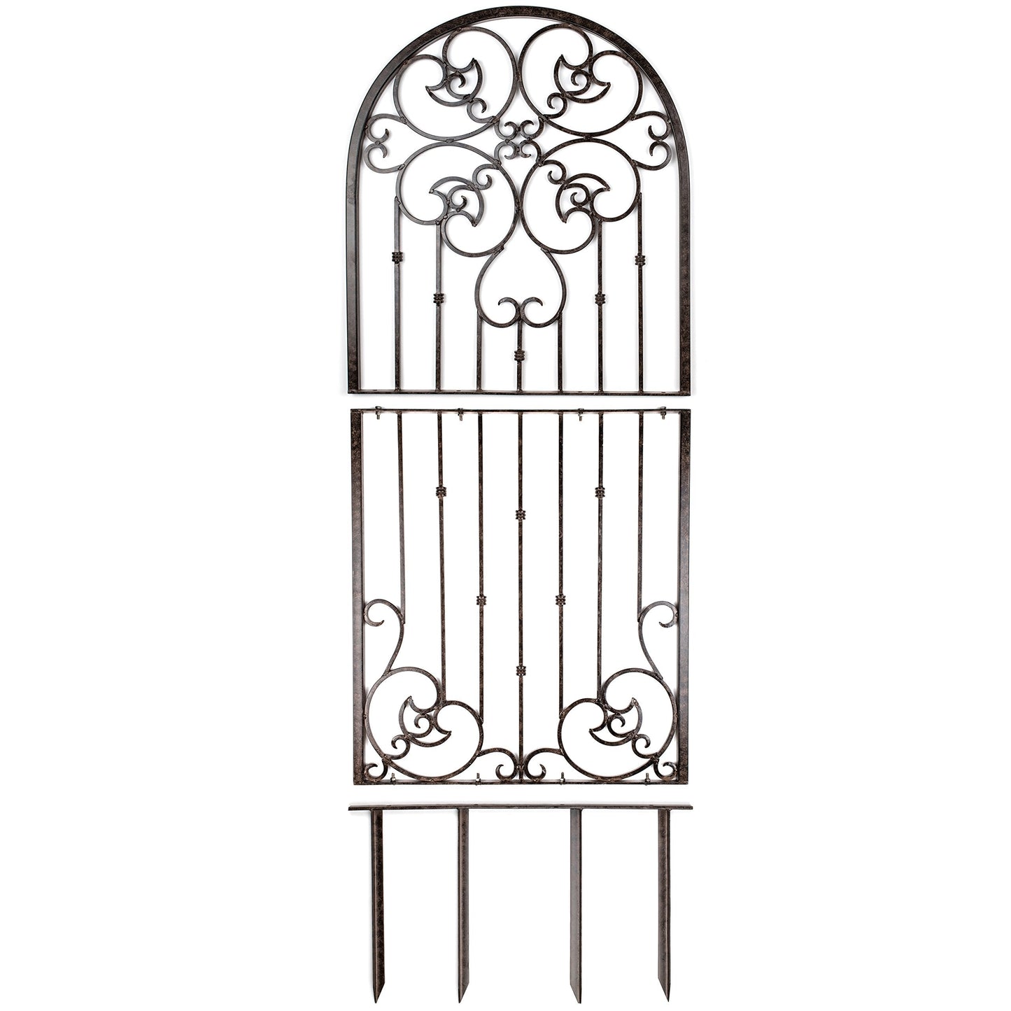H Potter 72” Heavy Duty Garden Trellis – 60 lb Solid Iron Scrollwork Panel, 1” Metal Frame with Ground & Stabilizing Stakes (Charcoal Brown)