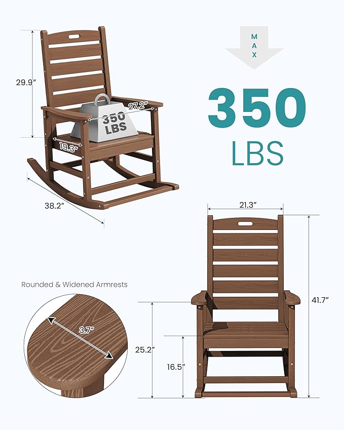 SERWALL Outdoor Rocking Chair Set of 4, Oversized HDPE Patio Rocking Chair with Footrest for Adults, All Weather Porch Rocker for Deck Patio Balcony, Brown
