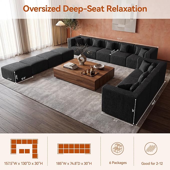 MONVANE Modular Sectional Sofa, Oversized 12 Seat Convertible U Shaped Couch