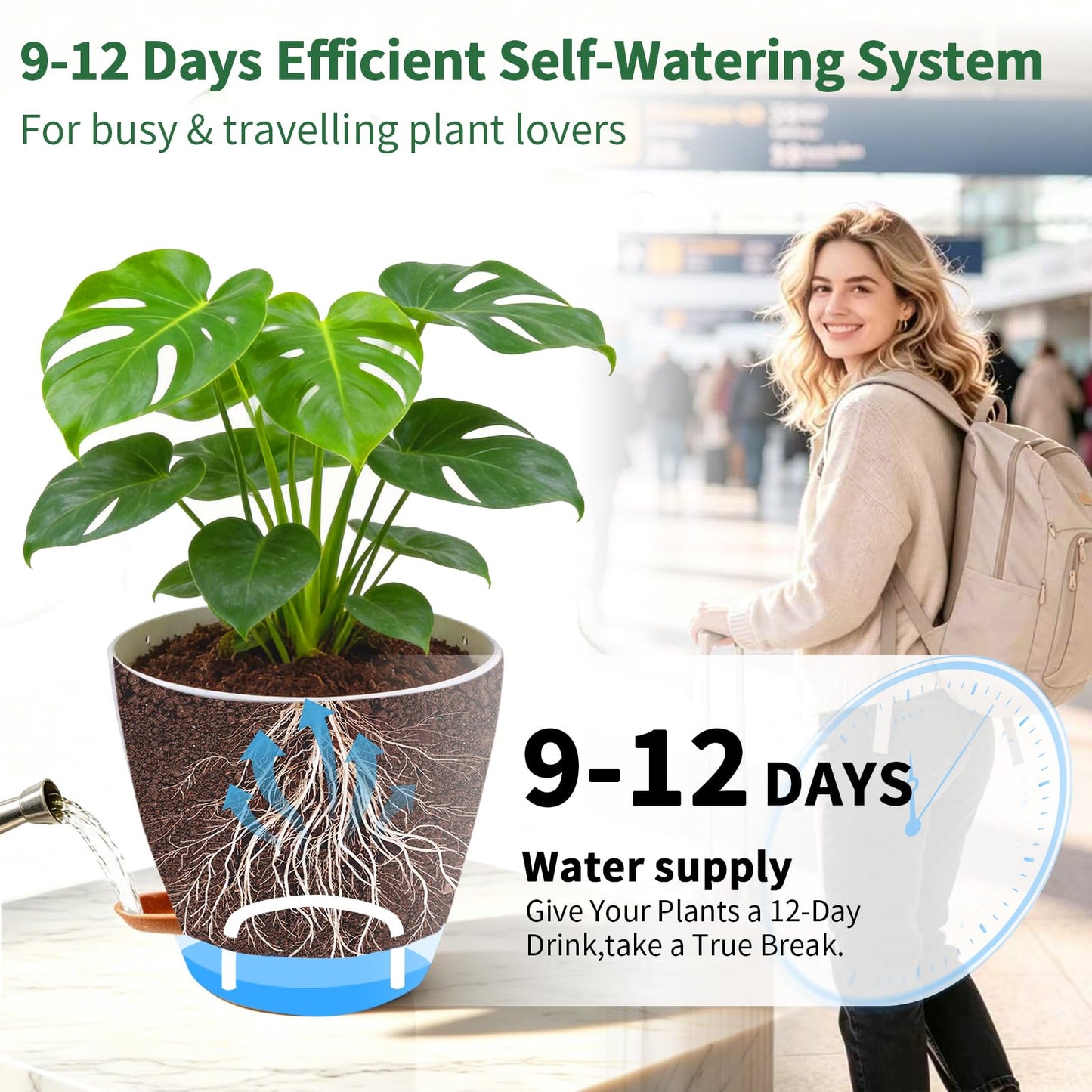 Heyfriday 3 Pack 8/9/10 Inch Hanging Self Watering Pots for Indoor/Outdoor Plants with Deep Reservoir,Drainage Holes,Water Level Indicator,Modern Decorative Flower Pots with Removable Hooks(White)