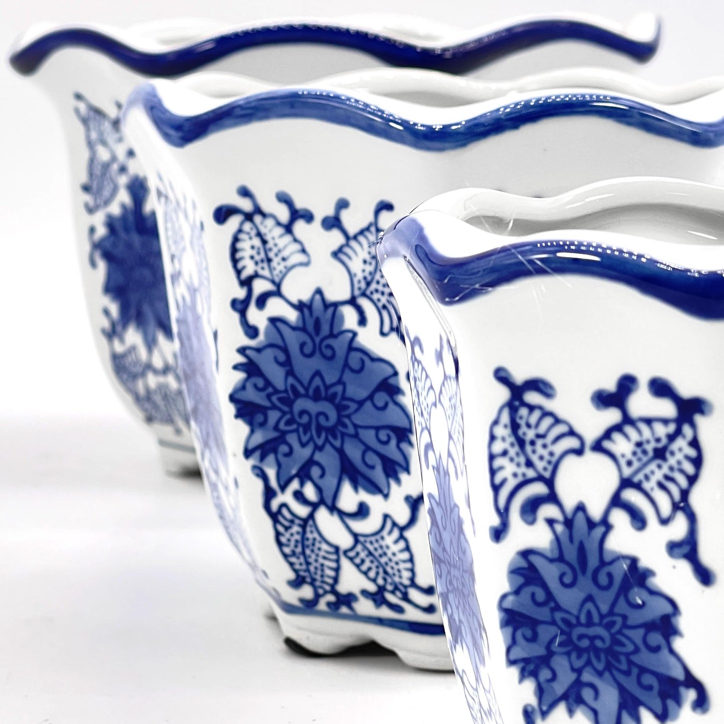 Galt International Blue & White Floral Porcelain Ceramic Decorative Flower Pot 8"/6"/4.5" Garden Pots Chinese Asian Design - Set of 3 Round Fluted