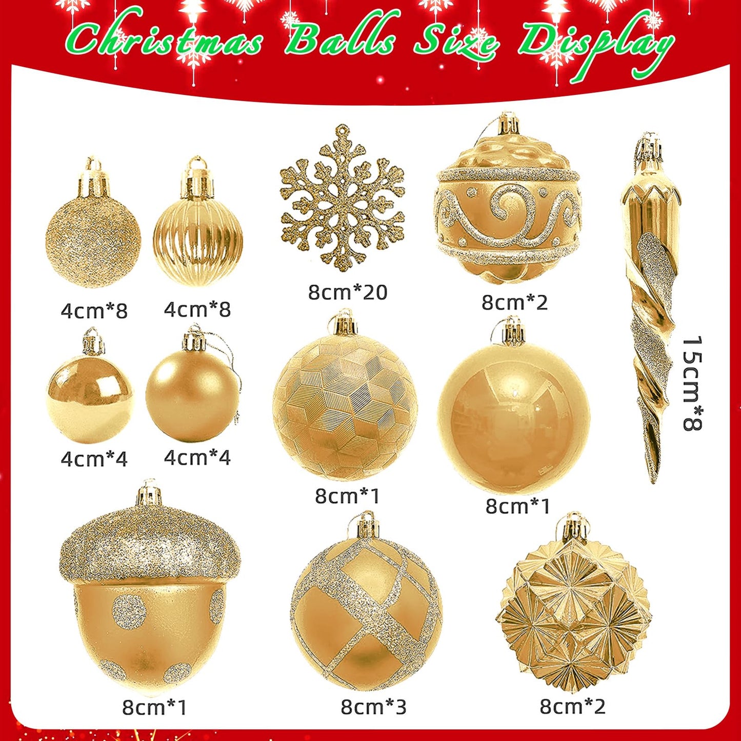Napzy 62 Count Shatterproof Christmas Ball Ornaments Set, Golden Christmas Tree Decorations for Xmas Holiday Party Decor, Wreath and Garland Hanging Balls