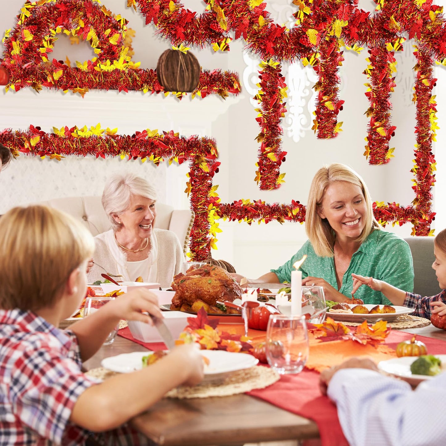 4 Strings Total 26.4 FT Thanksgiving Maple Leaf Tinsel Garlands – Each 6.6 FT Red Gold Metallic Fall Leaf Garland for Autumn, Harvest, and Thanksgiving Party Decorations