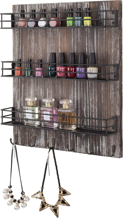 MyGift 3 Tier Black Metal Wire Kitchen Spice Rack Organizer with Torched Wood Wall Mount and 6 Hooks, Seasoning Jars and Hanging Cooking Utensil Rack
