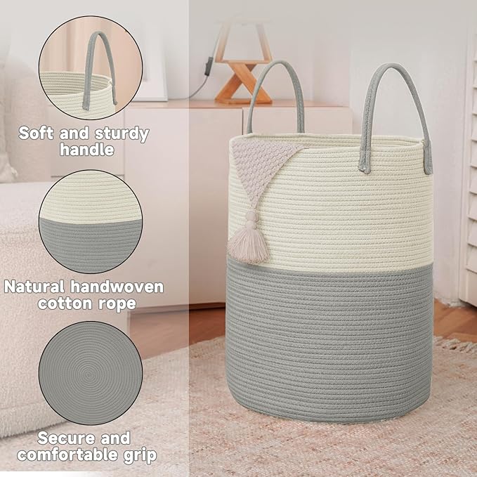 Large Woven Laundry Basket Hamper, 60L Cotton Rope Storage Bin