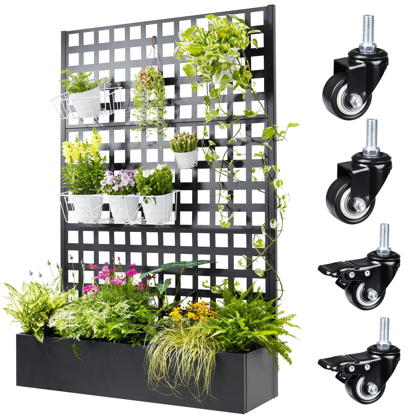 Metal Planter Box with Trellis, 71"x47"x16" Raised Garden Bed Outdoor with Privacy Screen & Lattice Trellis & Lockable Casters, Vertical Garden Box with Drainage Hole for Climbing Plants, Vegetable