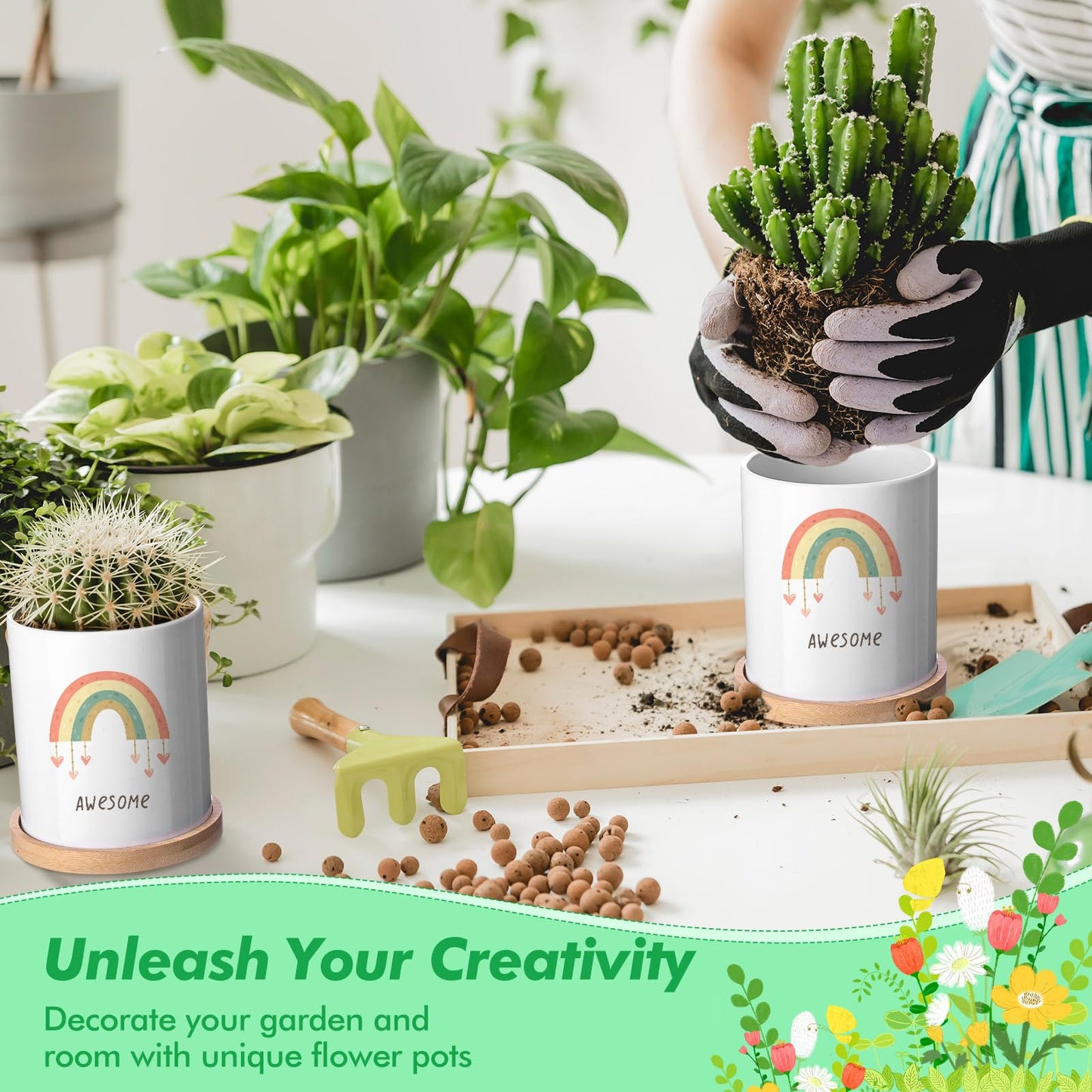 Teenyyou 6 Pcs Sublimation Flower Pot Blanks Mini 3.2 in Garden Ceramic Succulent Planter Pot with Bamboo Tray with Drainage Hole Thank You Gifts for Employee Appreciation Plant Lover