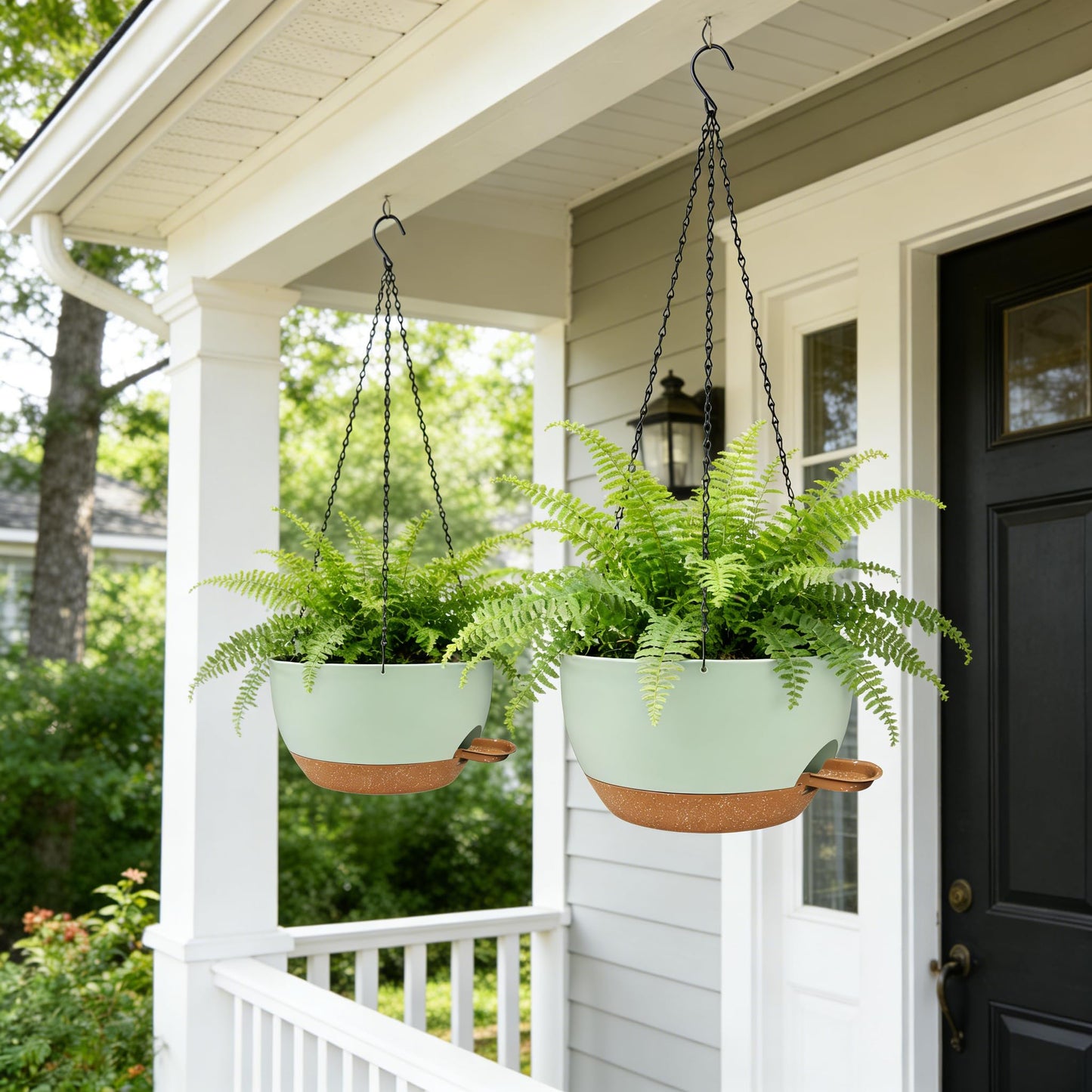 CNLBO 12 Inch Self Watering Hanging Planters 2 Pack, Indoor Outdoor Hanging Pots for Plants with Drainage Holes & Saucers, Green Brown Plastic Hanging Baskets for Kitchen Balcony Garden