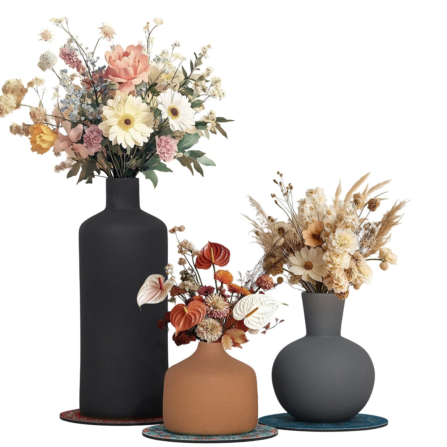 Ceramic Vase Set of 3 - Matte Textured Rustic Farmhouse Vases Home Decor, Modern Neutral Flowers Vases for Shelves Decor, Kitchen Shelf, Living Room, Mantel and Entryway with Non-Slip Pads