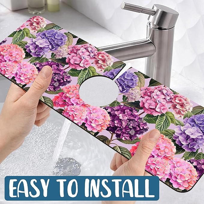 Colorful Hydrangea Sink Splash Guard Faucet Mat Purple Pink Hydrangea Super
