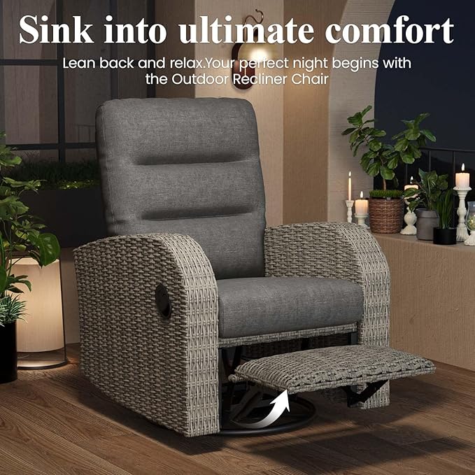 LayinSun Oversized Wicker Outdoor Swivel Glider Recliner with Adjustable Backrest & Footrest, Patio Reclining Lounge Chair
