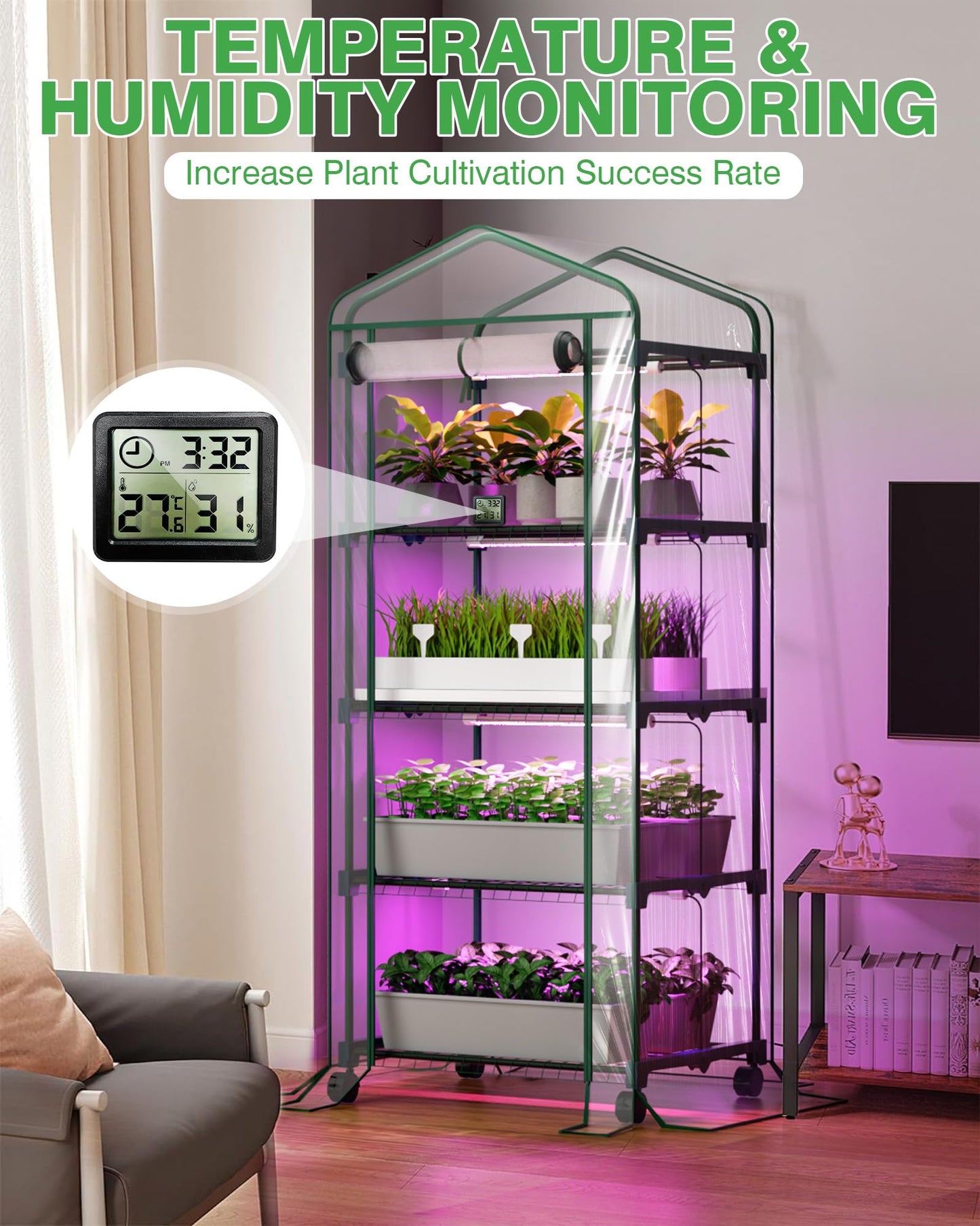 PYY Mini Indoor Greenhouse with Grow Light - Small Portable Outdoor Plant Green House Cabinet with Wheels, Thermometer, PVC Tent Cover, 4 Dimmable 3 Color 2FT 36W LED Kit, 4 Tier Gardening Shelves