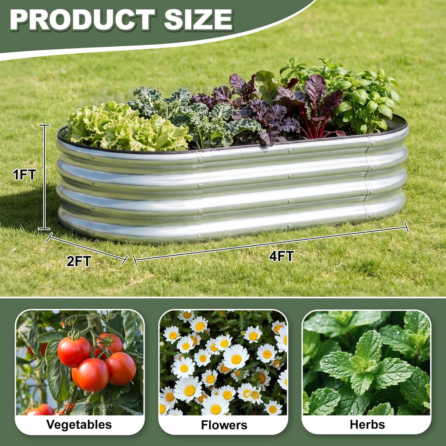 Galvanized Raised Garden Bed- Planter Garden Boxes Outdoor, Raised Beds for Gardening, 4x2x1ft Metal Garden Bed Kit for Vegetables Flower, Planter Raised Bed with Protective Tape & Tools.Silver-4pack