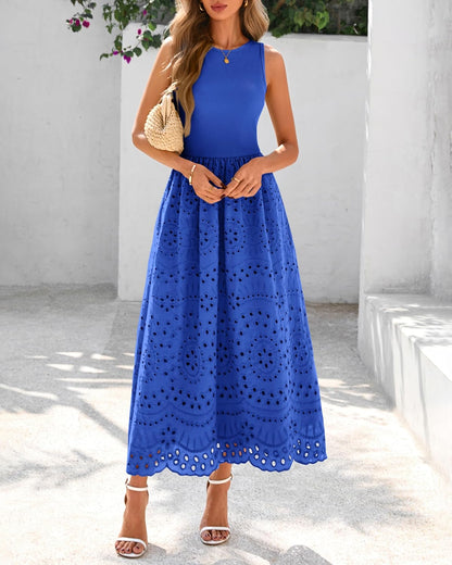 dowerme Women Summer Dresses 2025 Casual Sleeveless Crewneck A-Line Boho Lace Eyelet Cotton Tank Maxi Dress with Pockets