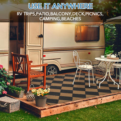 GarveeHome Outdoor Rug 9x18 ft Waterproof Mat Reversible Outdoor Plastic Straw Rug Patio Rug Camping Rug Portable Outdoor Mat for RV Porch Balcony Backyard Picnic Beach Black/Brown Diamond