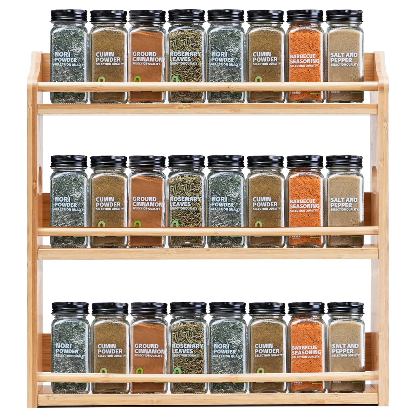 Bambition Bamboo Spice Rack Organizer, 3 Tier Spice Storage Rack with Handles, Wood Seasoning Jars Shelf for Kitchen Counter, Pantry or Wall Mounting