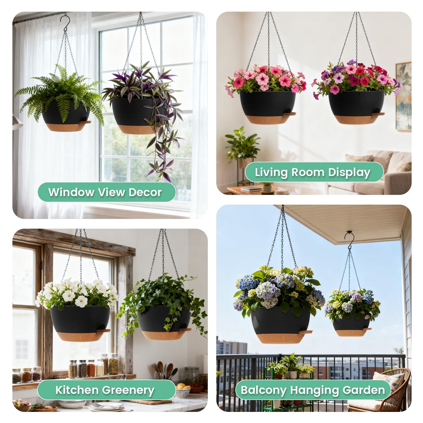 UOUZ 13 Inch 2 Pack Large Self Watering Hanging Planters for Indoor Outdoor Plants, Hanging Plant Pots with Removable 50 Oz Reservoir, Plastic Hanging Basket for Window Porch Garden, Black with Brown