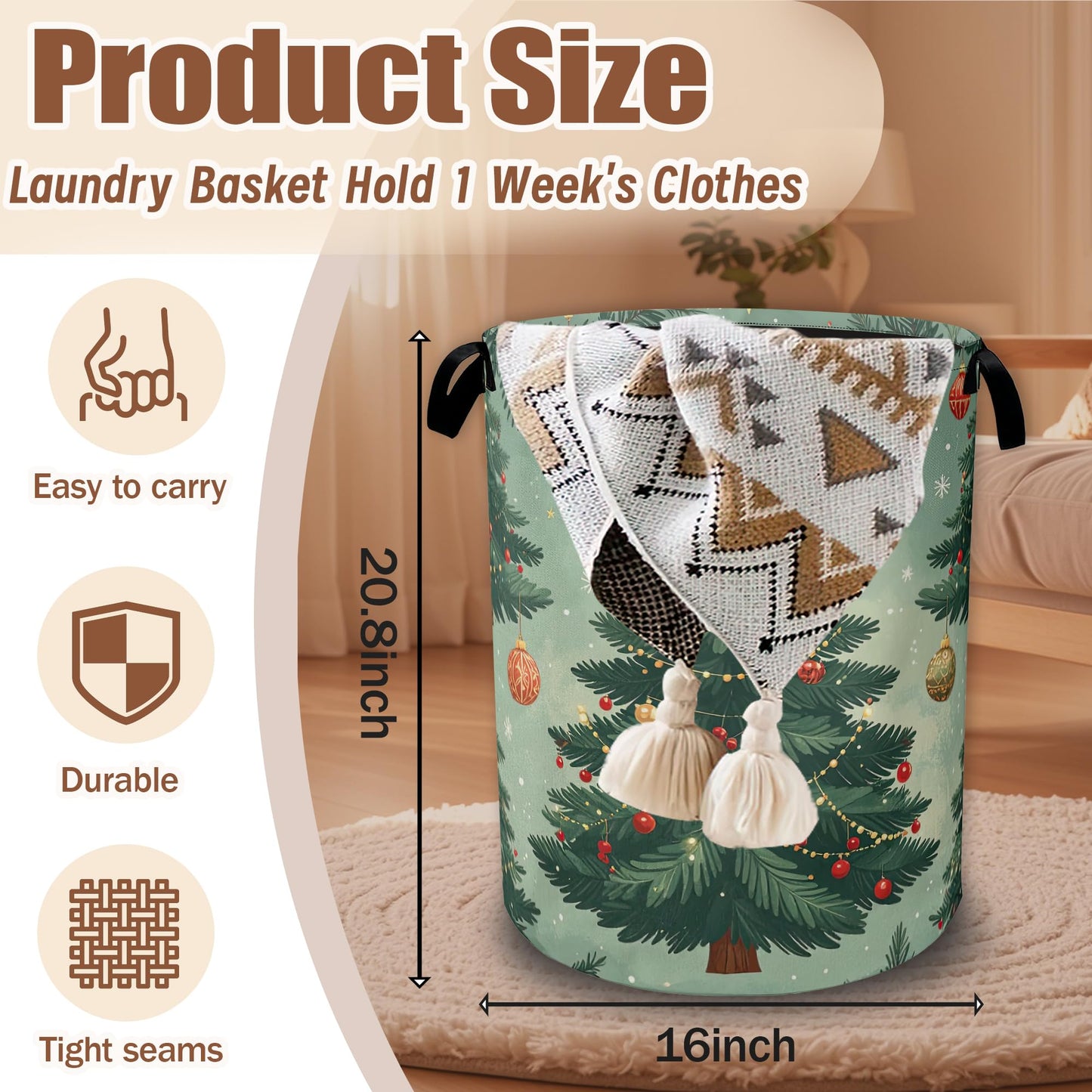 Christmas Tree Laundry Baskets,Laundry Hamper Storage Basket with Handles for Bathroom Bedroom College Dormitory Living Room Nursery Organizer 16"x20.8"