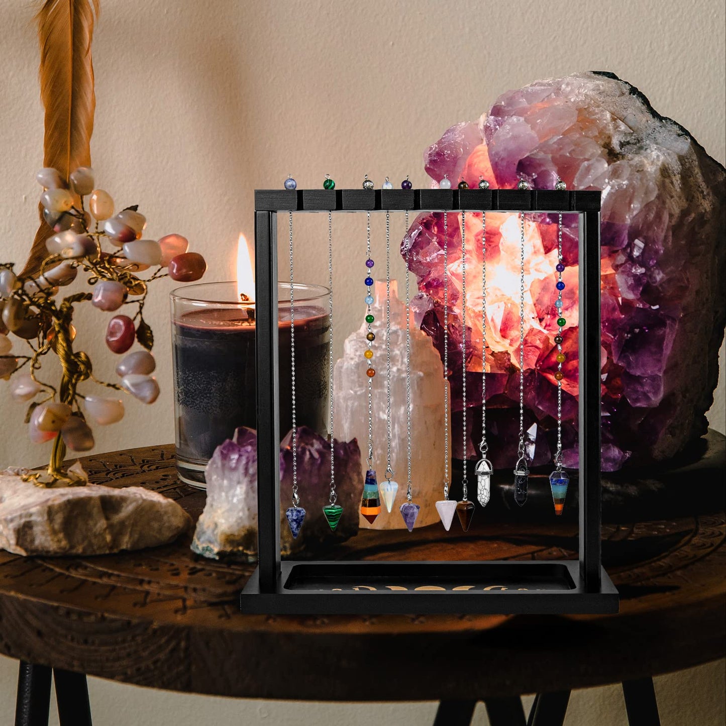 Ceiner Black Pendulum Crystal Display Holder, Wood Witch Rock Stone Stand, Moon Phase Wiccan Supplies Incense Rack Shelf with Tray for Witchcraft Gift Organizer 15 Pendulum Necklaces