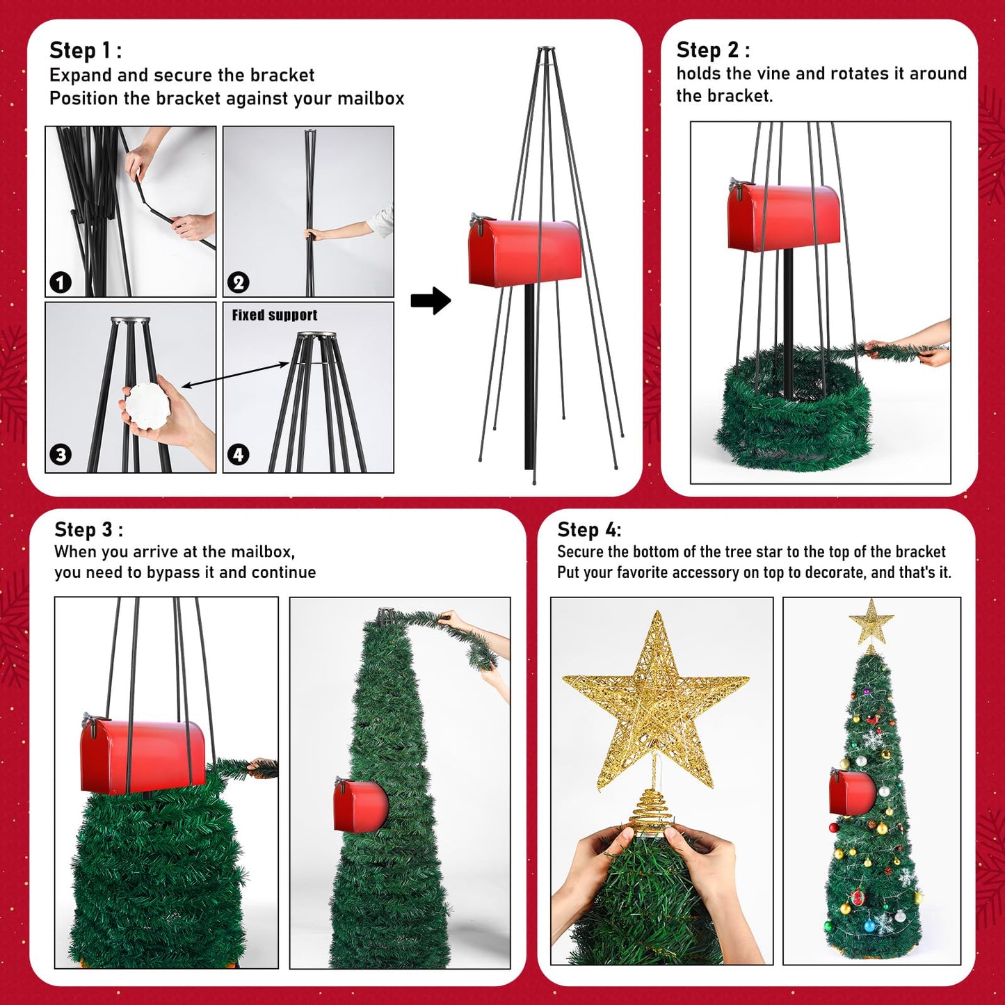 RoundFunny Mailbox Christmas Tree DIY Artificial Christmas Mail Box Swags Includes Metal Hexagonal Bracket 262.5 Ft Xmas Garland Xmas Star Topper for Home Outdoor Mail box Holiday Decor