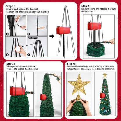 RoundFunny Mailbox Christmas Tree DIY Artificial Christmas Mail Box Swags Includes Metal Hexagonal Bracket 262.5 Ft Xmas Garland Xmas Star Topper for Home Outdoor Mail box Holiday Decor