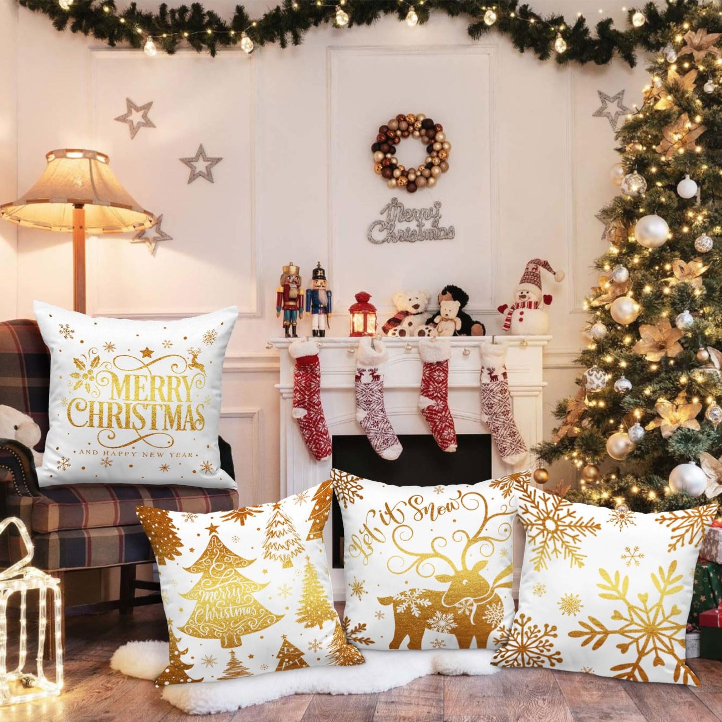 Lanpn White and Gold 18x18 Christmas Pillow Covers Set of 4, Decorative 18 Inch Navy Winter Snowflake Throw Pillow Case Xmas Cushion Cover for Indoor House Sofa Gold