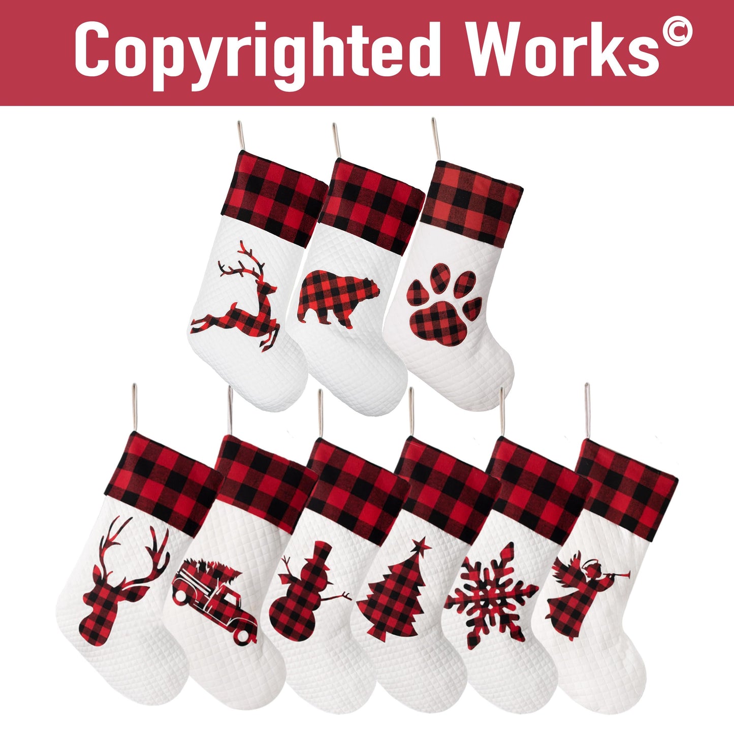 LUBOT Pack Personalized Christmas Stocking(20inch) Silhouette Buffalo Red Plaid/Rustic/Farmhouse/Country Fireplace Hanging Xmas Stockings Decorations for Family Holiday Season