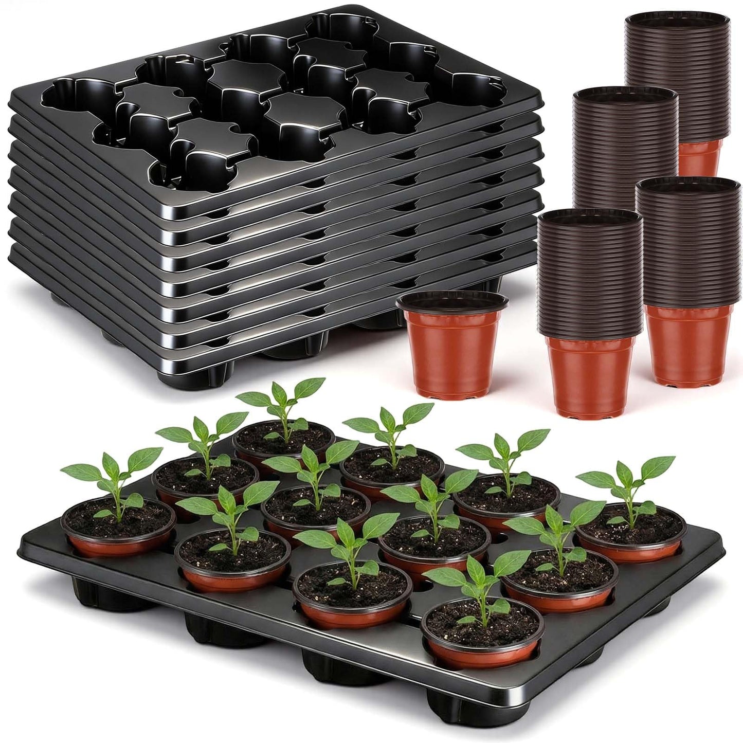 Baderke 96 Pcs 4 inch Seedling Pots and 8 Pcs 12 Cell Reusable Plastic Nursery Pots Trays Thick Sturdy Seeds Starting Germination Carrying Trays Black Small Planter Nursery Propagation 8 Sets(Red)