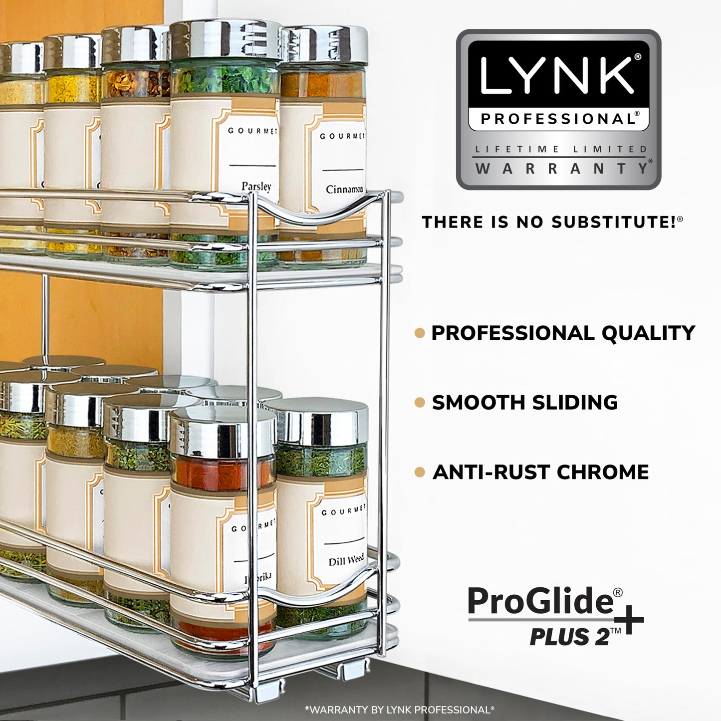 LYNK PROFESSIONAL® Pull Out Spice Organization for Cabinets - 4-3/8 inch Wide – Spice Rack for Inside Cabinets, Slide Out Spice Rack Organizer for cabinet – Pull Out Spice Rack, Sliding 2 Tier Chrome