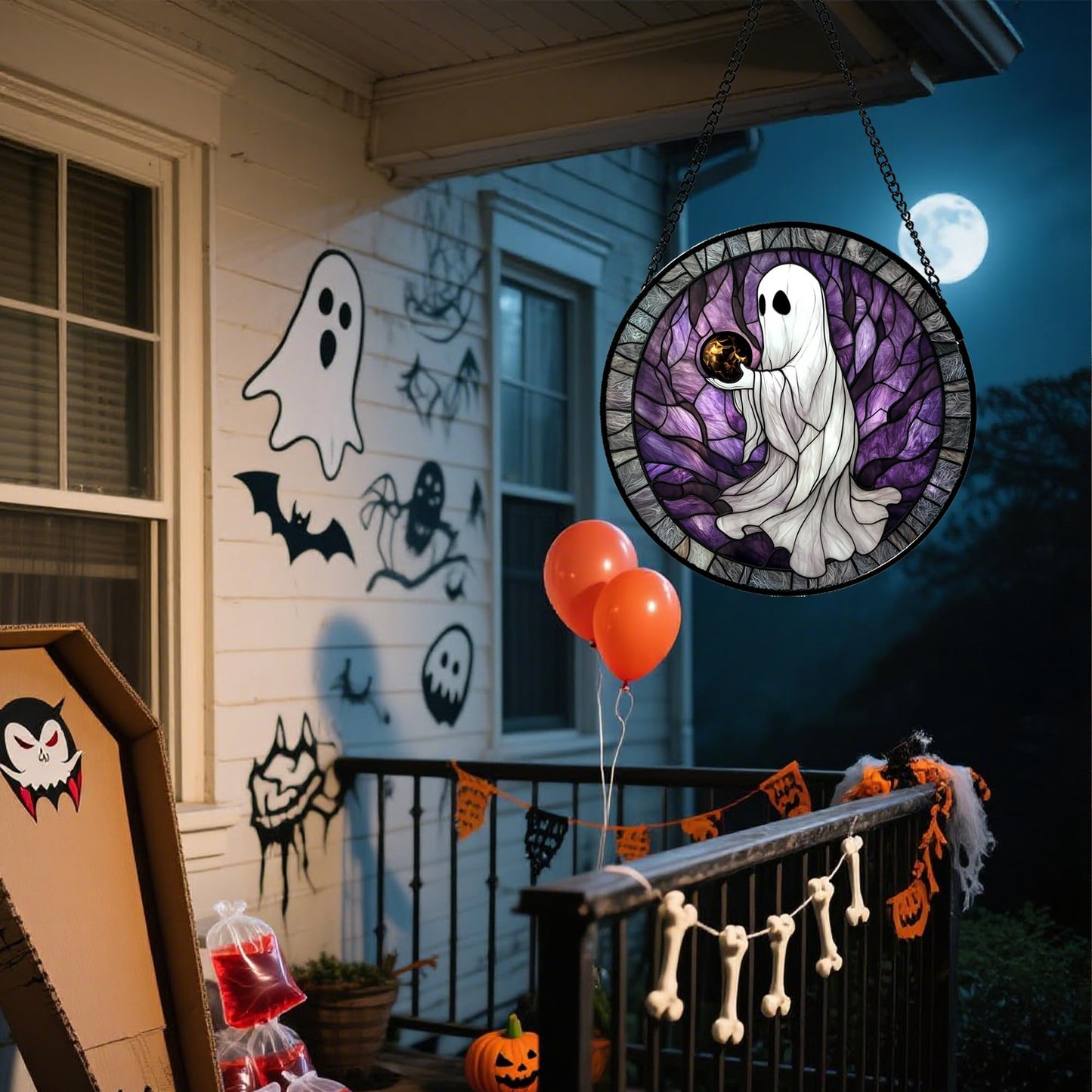 AMDERVEN Stained Glass Window Hanging - HalloweenGhost Magician Black Purple Crystal Ball Suncatcher for Doors Garden Spooky Sun Catchers Gothic Decorations Horror Gifts for Women Men Friend 9.8 in