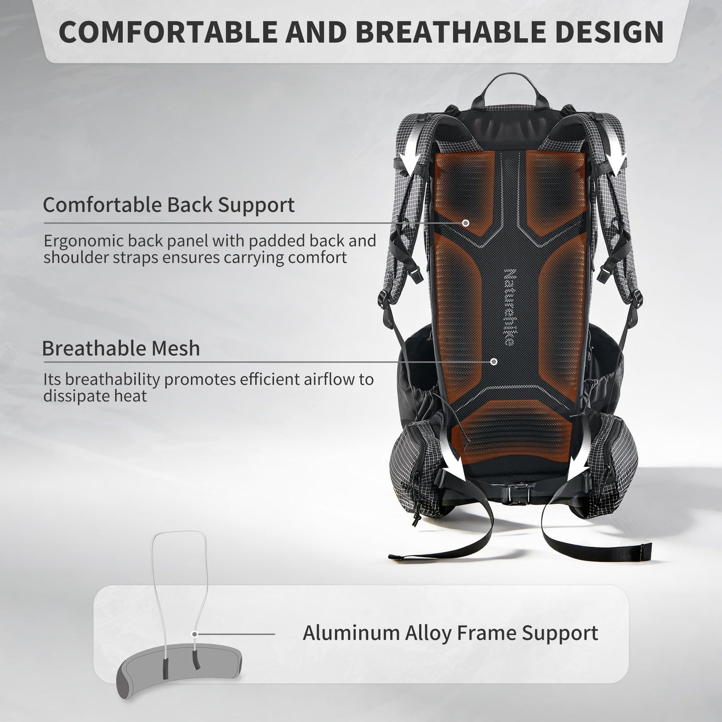 Naturehike 45L Rock 2.0 Upgraded Internal Frame Hiking Backpack for Outdoor Camping Travel Backpacking, Ultralight with Rain Cover Backpack for Adults(Black/L/45L)
