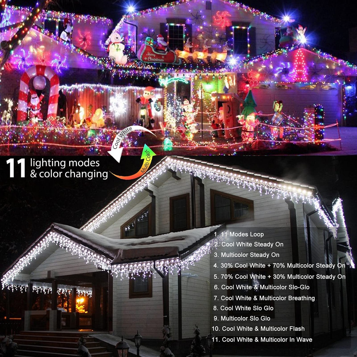 Brizled Color Changing Icicle Lights, 29ft 360 LED Christmas Icicle Lights with Remote, 11 Modes Cool White & Multicolor Xmas Lights for Xmas Wedding Home