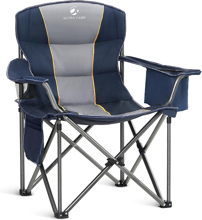 ALPHA CAMP Heavy Duty Camping Chair 500LBS Capacity, Oversized Folding Chair for Heavy People, Padded Portable Outdoor Chair with Cooler Bag & Cup Holder for Camping, Fishing, Beach
