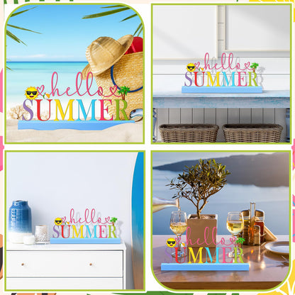 Yaocom 11.81 Inch Summer Table Sign Hello Summer Metal Letter Decor Freestanding Tabletop Decoration with Wooden Base Cutout Word Sign for Home Tiered Tray Centerpiece Mantel Shelf Fireplace