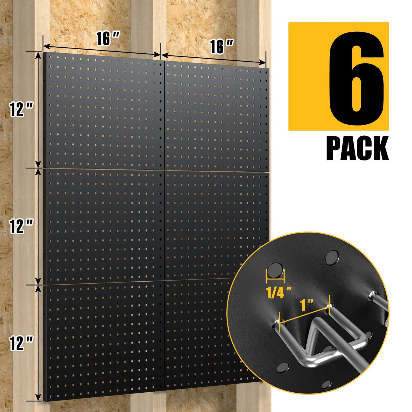 Spampur Peg Board, 6 Pack Metal Pegboard Panels Black Pegboards Wall Organizer with 50 Hooks, Heavy Duty Peg Board for Walls Home, Garage Tool Storage, Office Organization, Craft Room, Kitchen