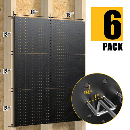 Spampur Peg Board, 6 Pack Metal Pegboard Panels Black Pegboards Wall Organizer with 50 Hooks, Heavy Duty Peg Board for Walls Home, Garage Tool Storage, Office Organization, Craft Room, Kitchen