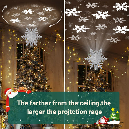 Christmas Tree Topper Lighted with 6 Projection Modes,Christmas Star Tree Topper Built-in LED Rotating Projector Lights 3D Christmas Tree Decorations for Xmas Party Holiday Decor(Silver Snowflake)