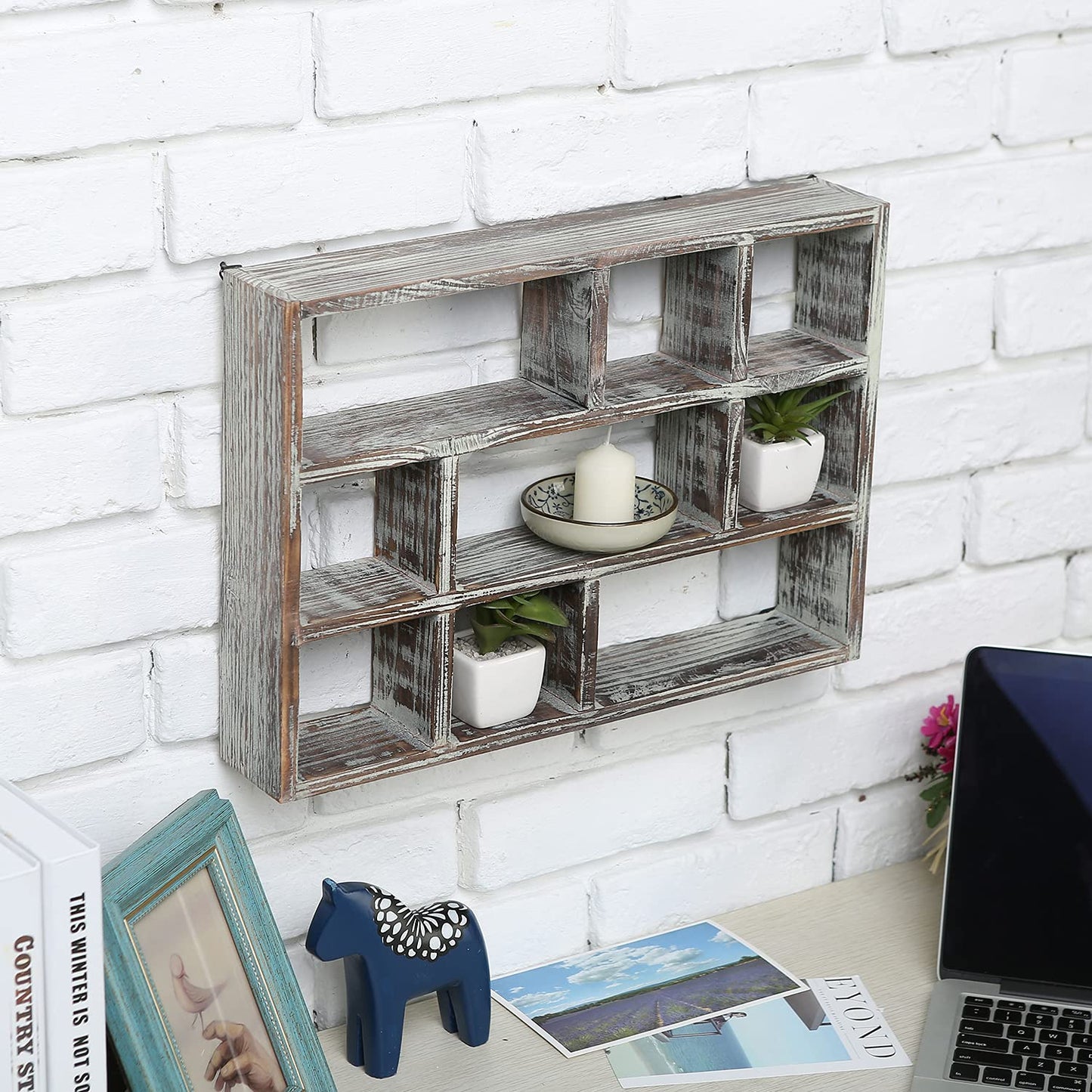 MyGift 9 Compartment Rustic Torched Solid Wood Shadow Box, Wall Mountable Curio Display Case, Freestanding or Floating Shelf for Collectible Figurines, Succulents